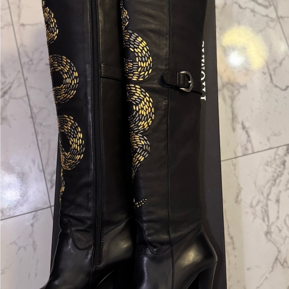 Thomas Wylde Black Leather Snake Embroidered OTK Boots — Size 6.5 - Picture 3 of 16